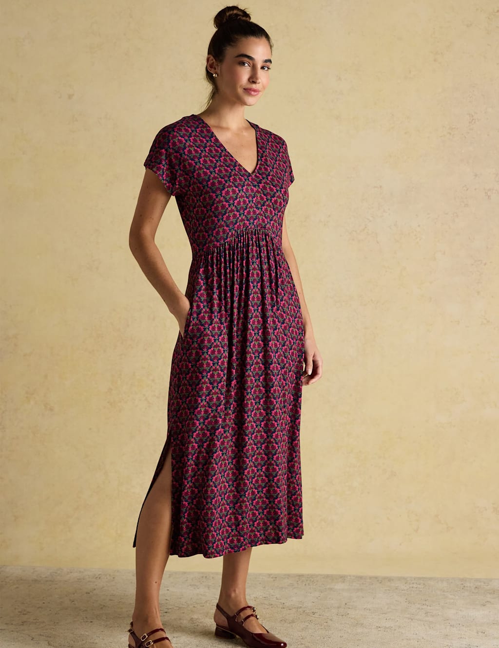 Joules Jersey Floral V-Neck Midi Waisted Dress Pink Mix