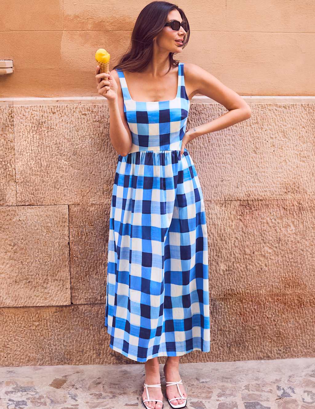 Ro&Zo Women's Cotton Rich Checked Midaxi Waisted Dress - 14 - Blue Mix - Available at M&S