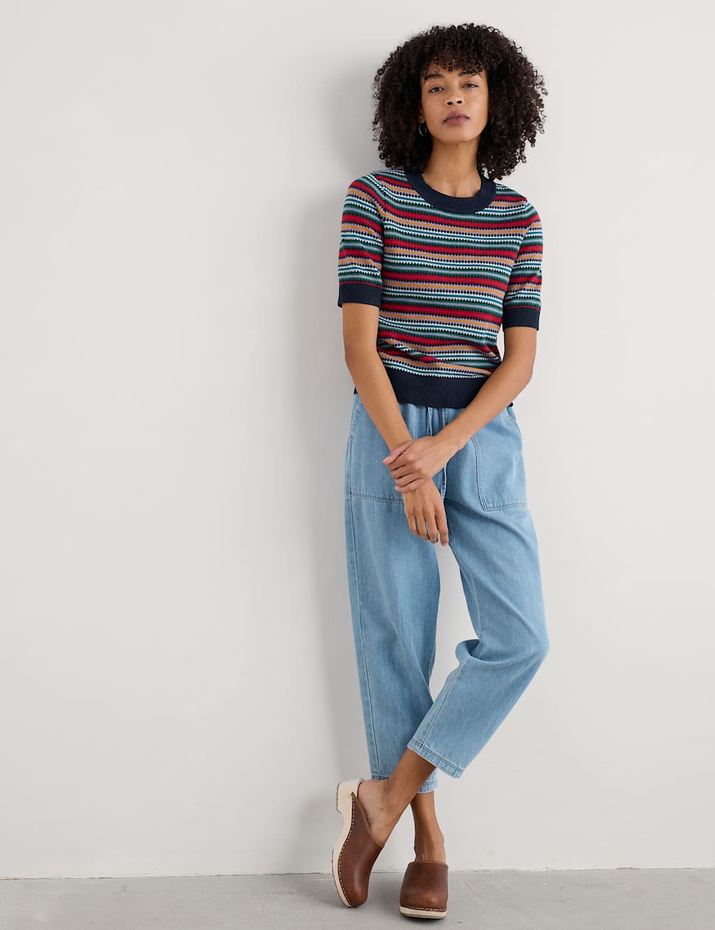 Pure Cotton Striped Crew Neck Knitted Top
