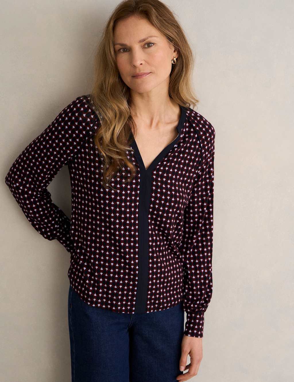 Hobbs Women's Geometric V-Neck Blouse - Medium - Blue Mix - Available at M&S