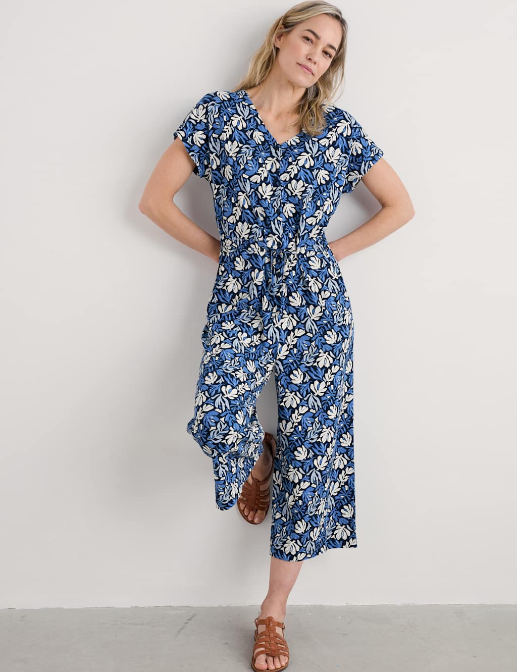 Cotton Rich Floral Short Sleeve Cropped Jumpsuit