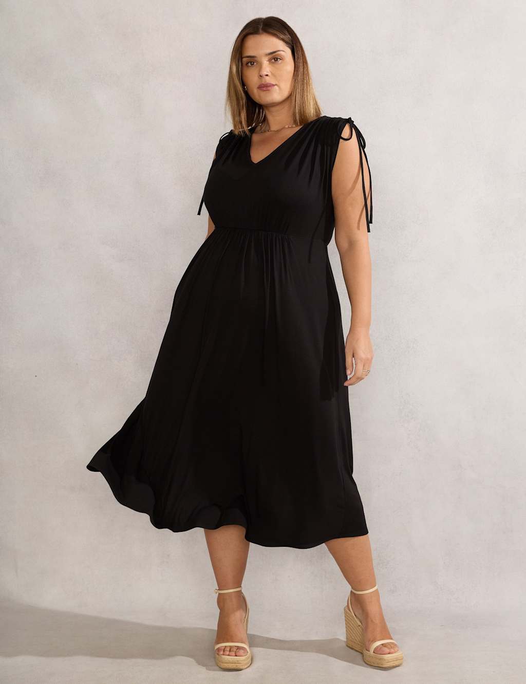 Jersey V-Neck Midi Waisted Dress