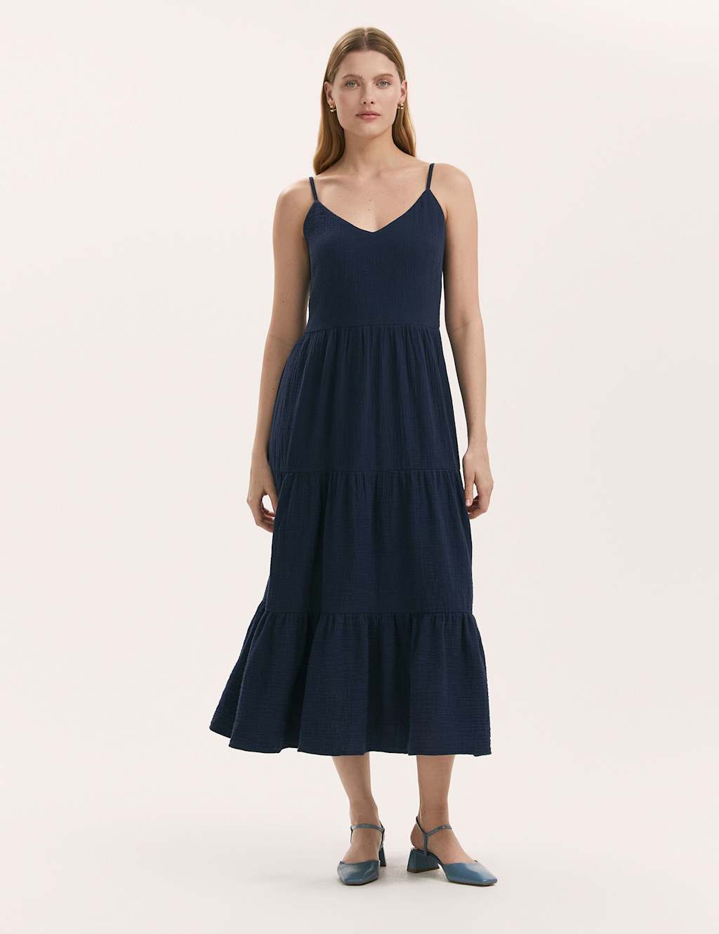 Finery London Women's Pure Cotton Textured Midi Tiered Dress - 20 - Navy - Available at M&S