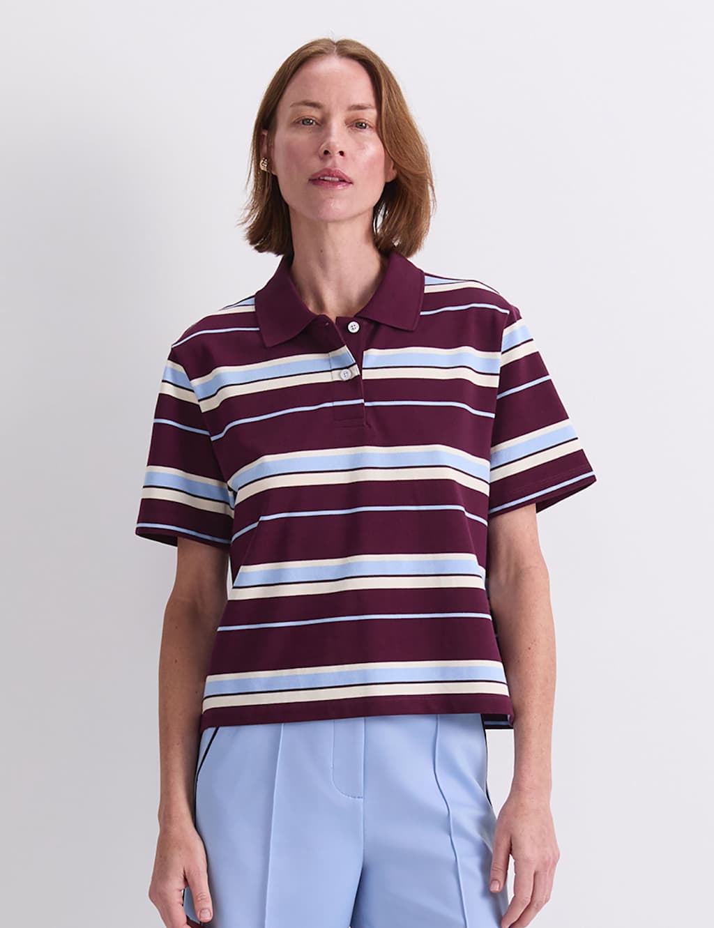 Sportscraft Women's Pure Cotton Striped Polo Neck Shirt - Medium - Red - Available at M&S