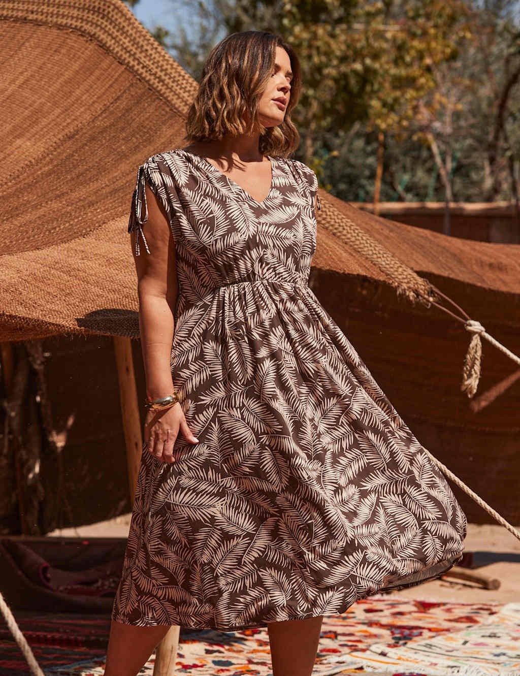 Leaf Print Drawstring Sleeve Midi Tea Dress