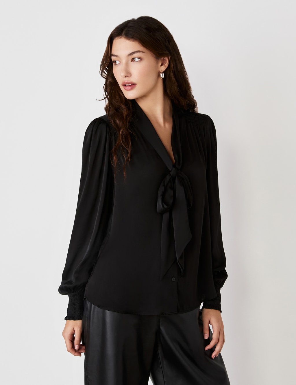 Crepe Tie Neck Blouson Sleeve Blouse