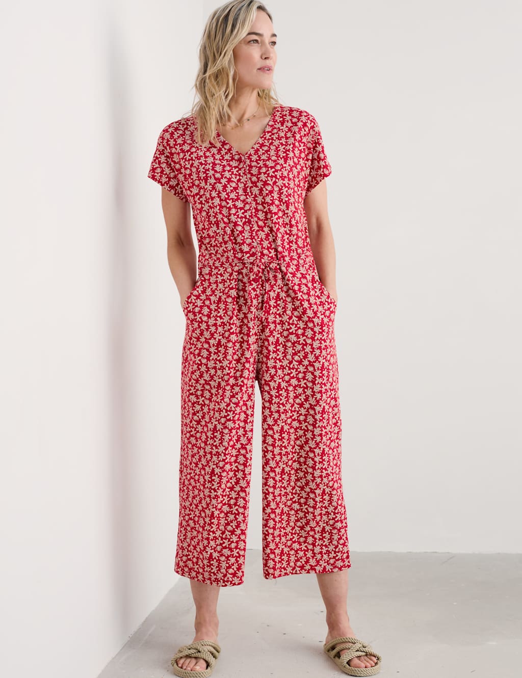 Cotton Modal Blend Floral Cropped Jumpsuit