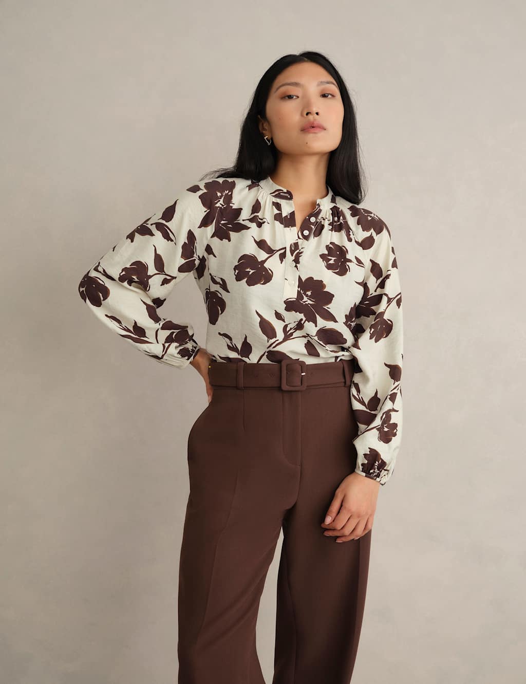 Hobbs Women's Floral Crew Neck Button Detail Blouse - 14 - Brown Mix - Available at M&S