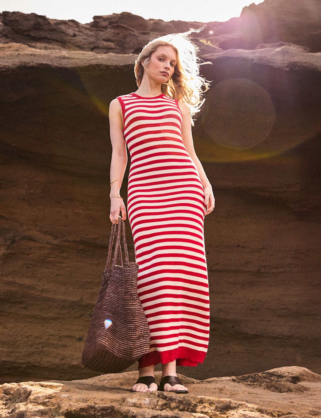 Ro&Zo Women's Pure Cotton Striped Knitted Midaxi Column Dress - Medium - Red Mix - Available at M&S