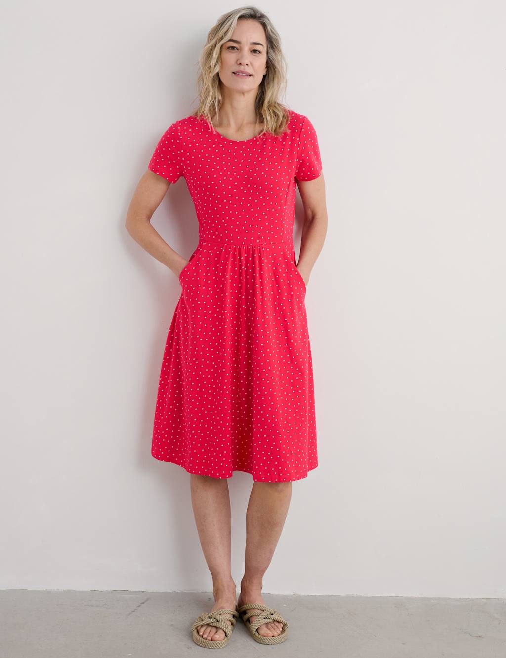 Pure Cotton Polka Dot Midi Waisted Dress