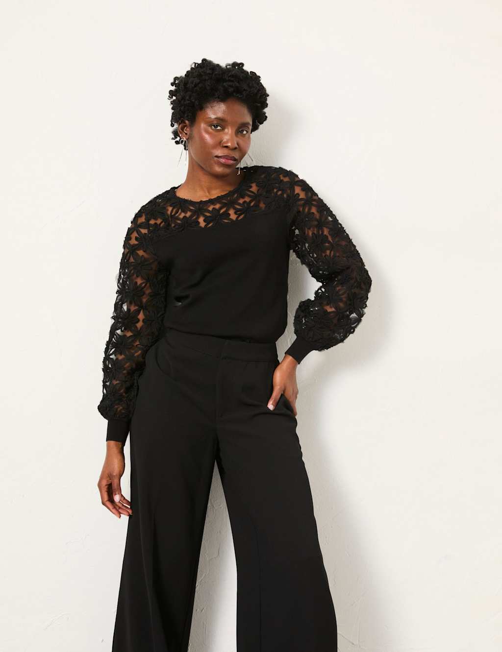 FatFace Cotton Rich Lace Insert Knitted Top Black