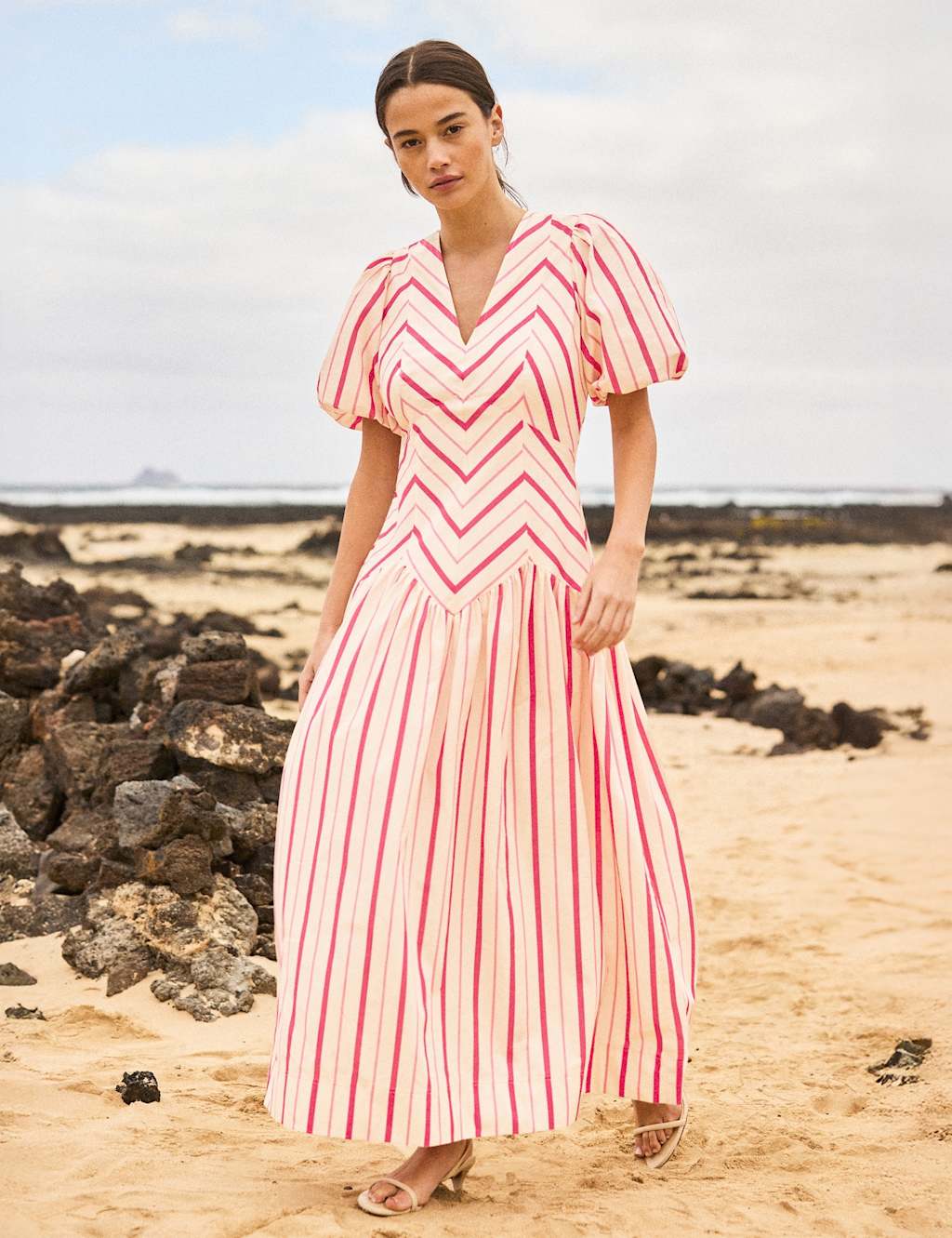 Ro&Zo Women's Pure Cotton Striped Puff Sleeve Midaxi Dress - 16 - Pink Mix - Available at M&S