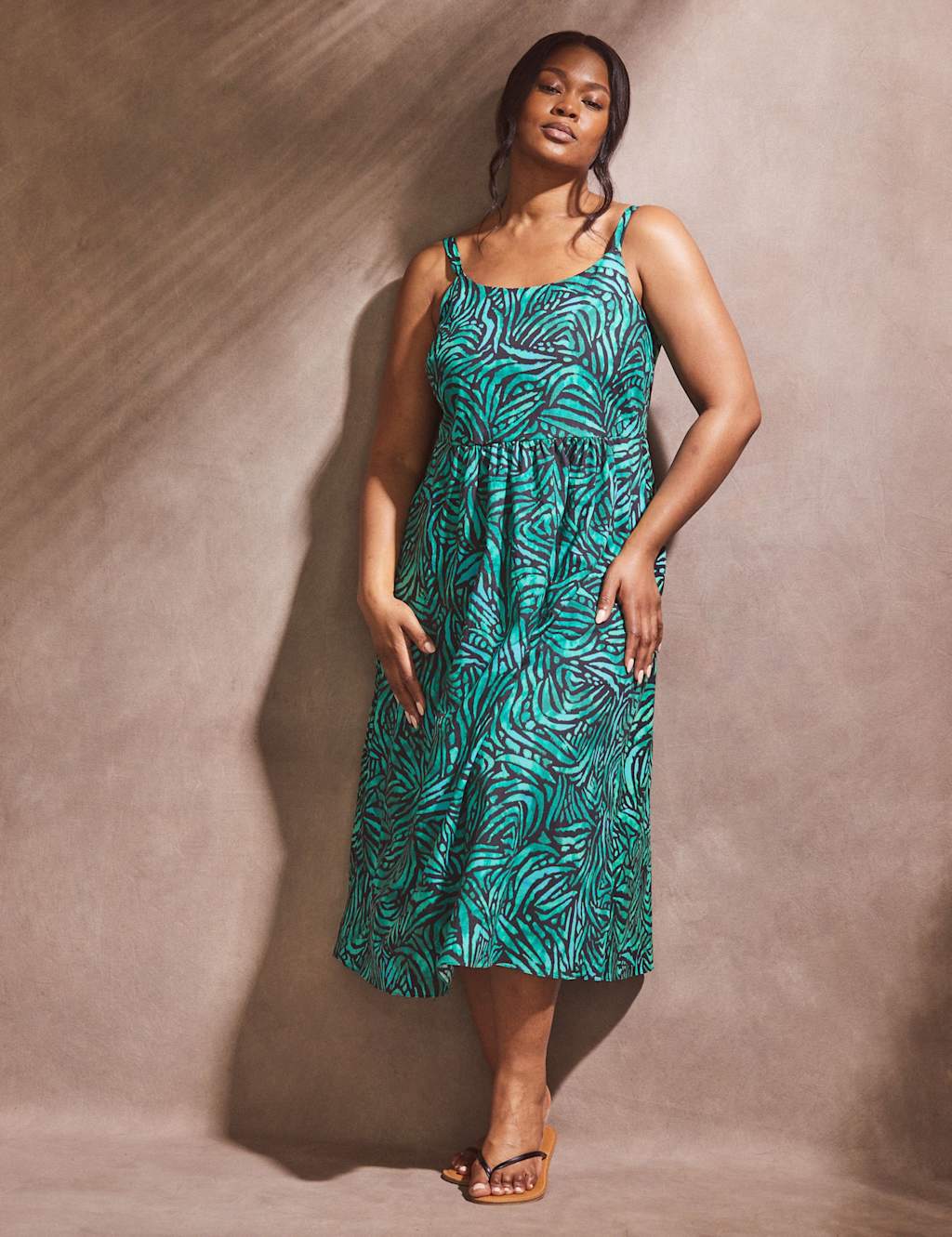 Pure Cotton Square Neck Midi Waisted Dress