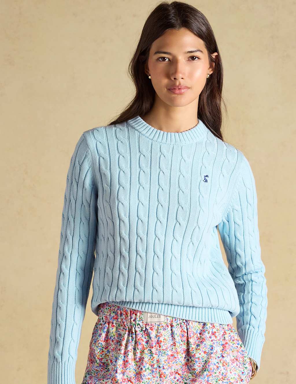 Joules Women's Pure Cotton Cable Knit Crew Neck Jumper - 12 - Light Blue - Available at M&S