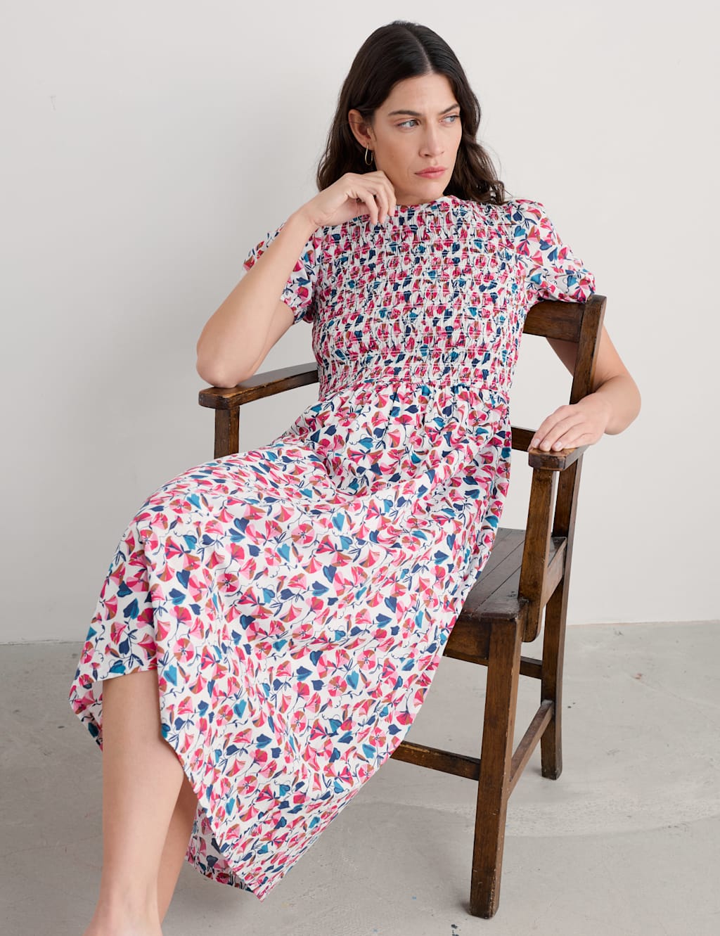 Pure Cotton Floral Midaxi Waisted Dress