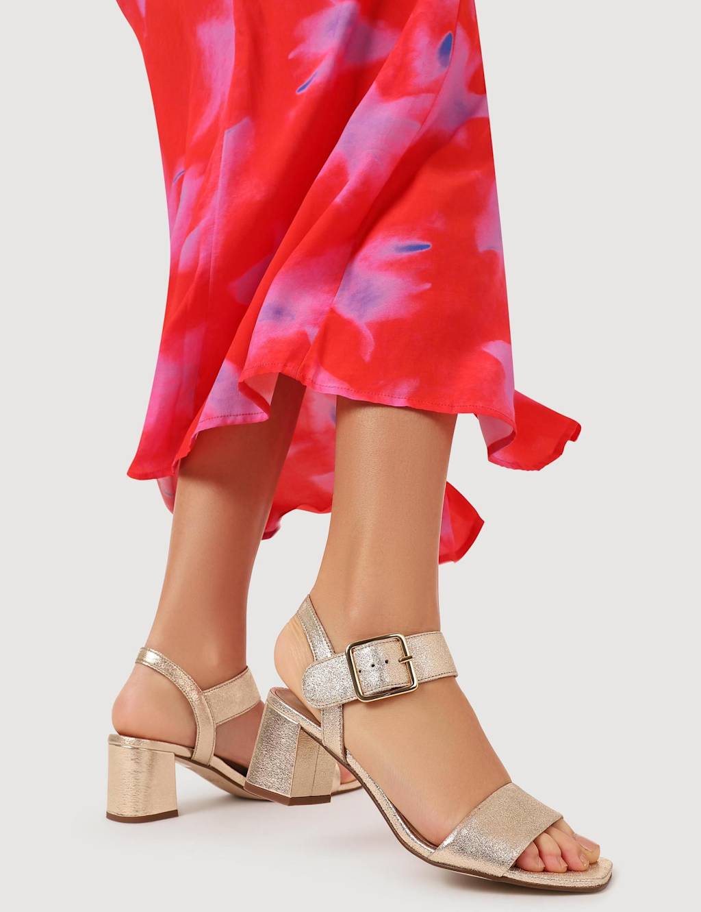 Jones Bootmaker Leather Metallic Buckle Block Heel Sandals Gold Mix