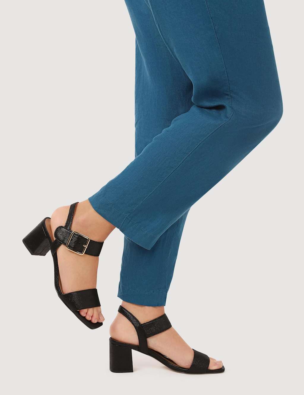 Jones Bootmaker Leather Metallic Buckle Block Heel Sandals Black Mix