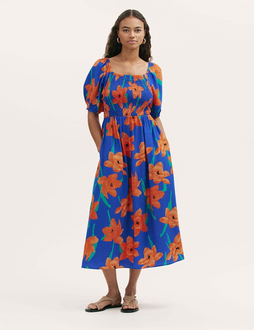 Finery London Women's Floral Square Neck Midi Shirred Dress - 12 - Blue Mix - Available at M&S