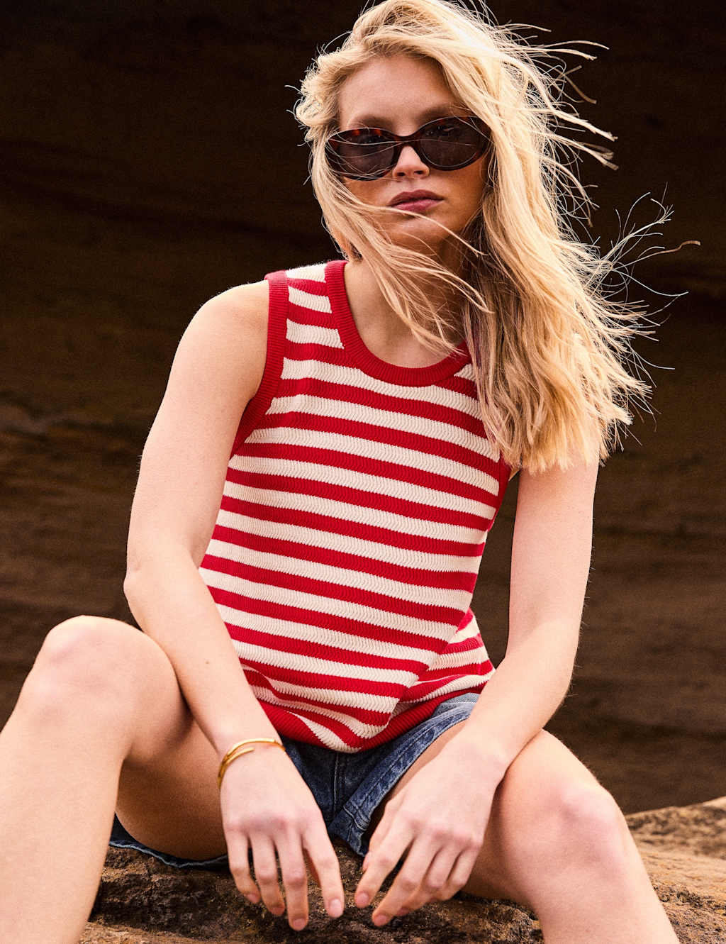 Ro&Zo Women's Pure Cotton Striped Crew Neck Vest Top - Large - Red Mix - Available at M&S