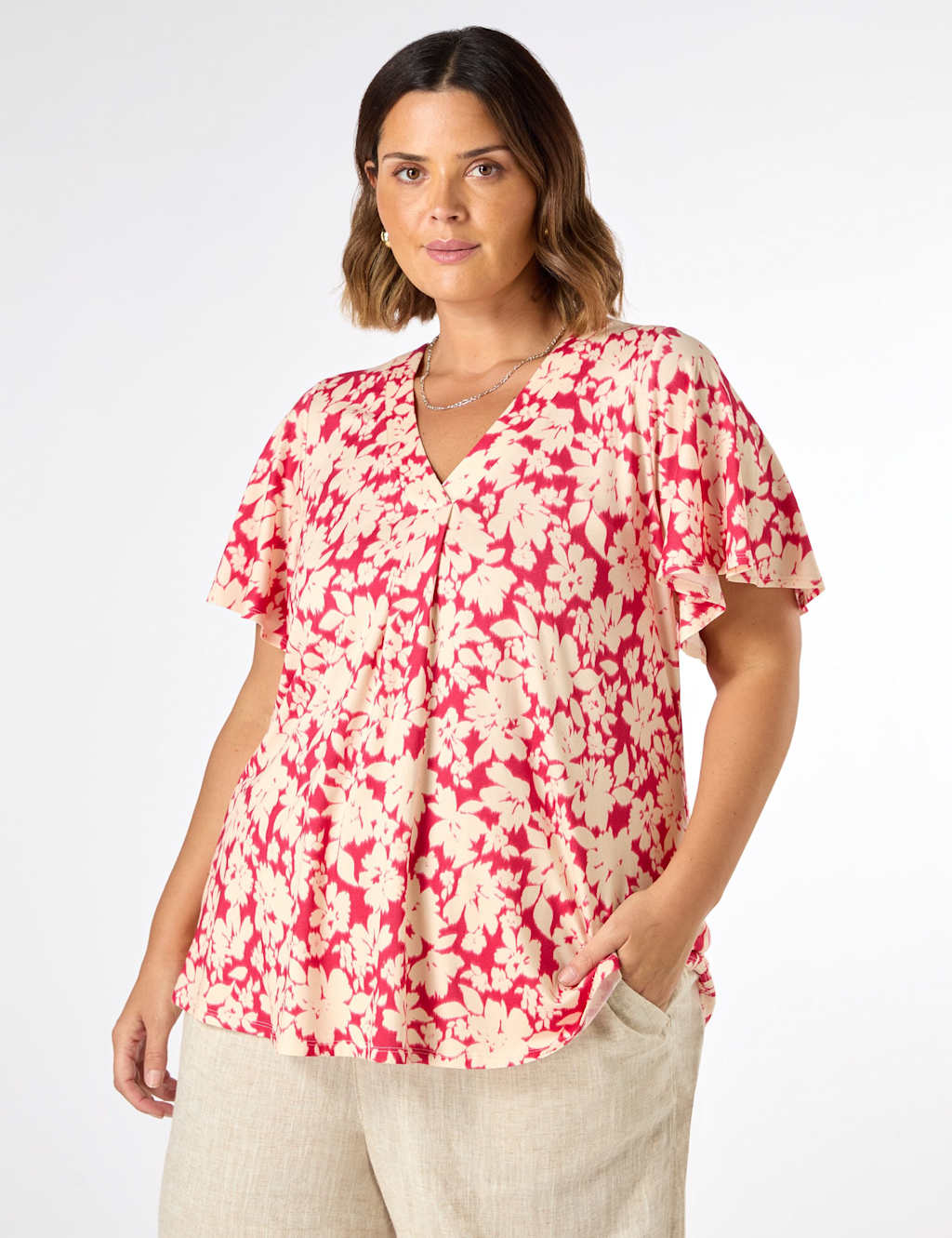 Jersey Floral V-Neck Pleat Detail Top