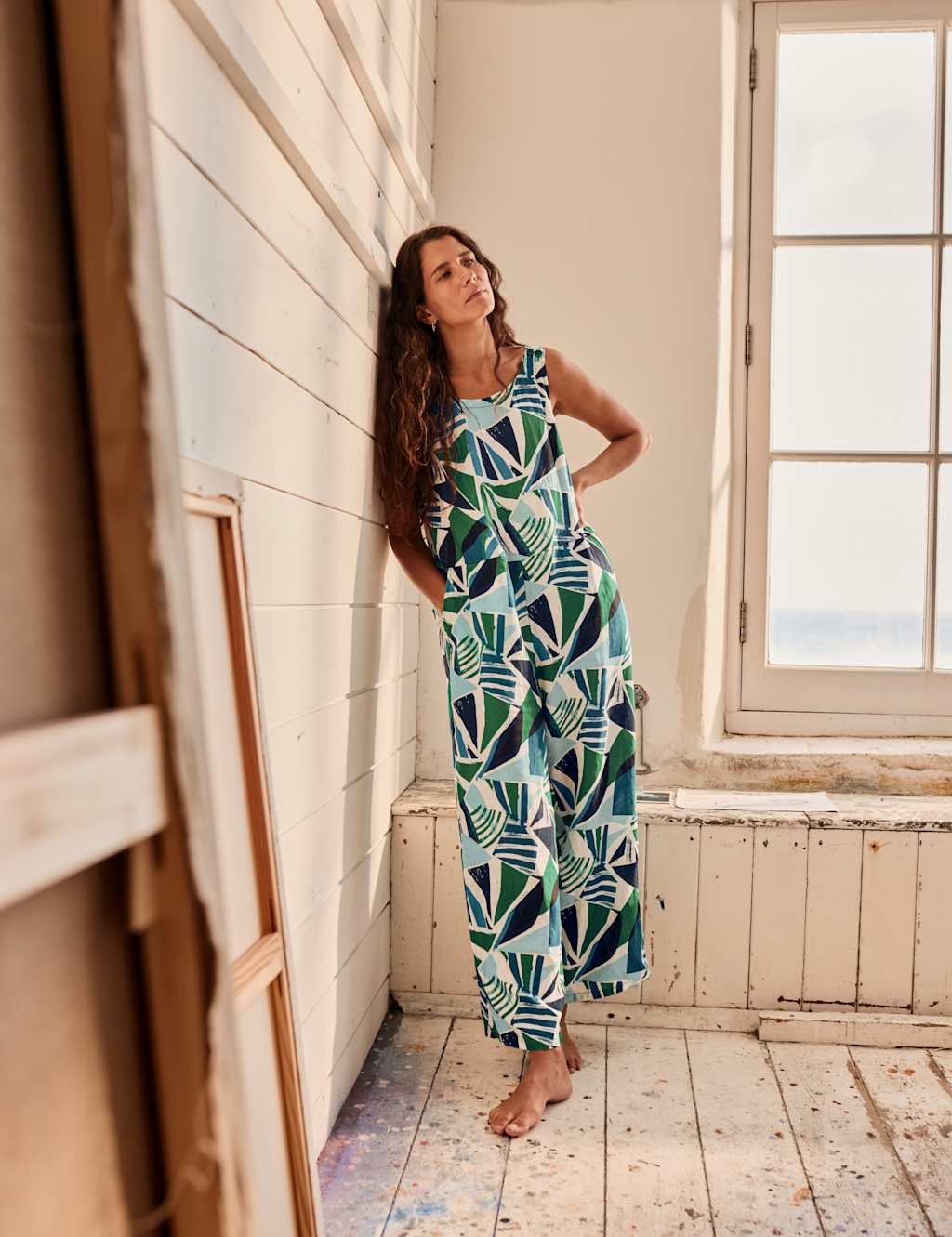 Pure Linen Geometric Sleeveless Jumpsuit