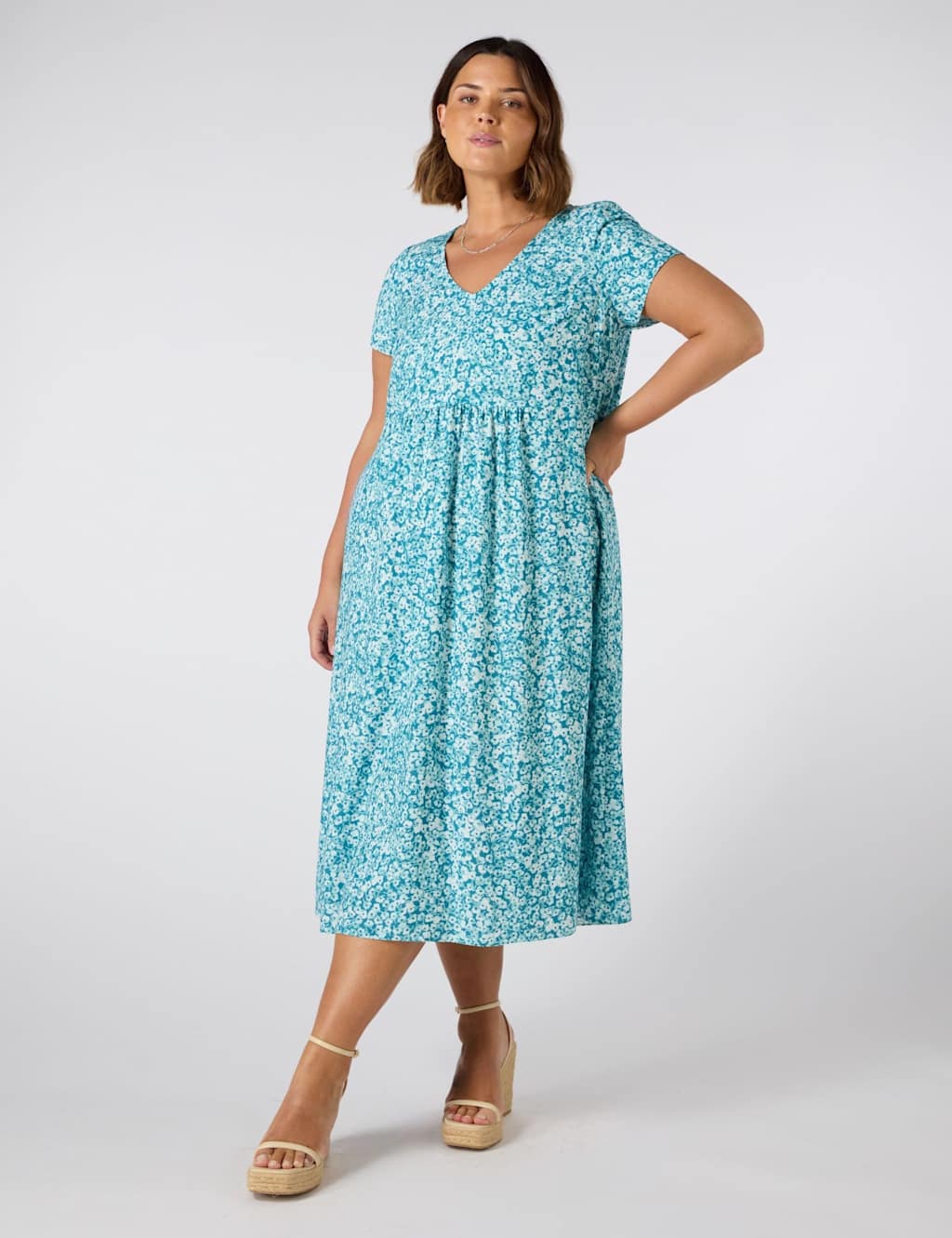 Ditsy Floral V-Neck Midi Waisted Dress