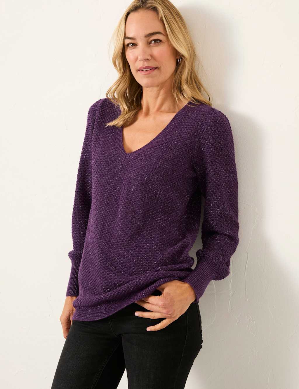 FatFace Cotton Rich Sparkly V-Neck Jumper Dark Purple