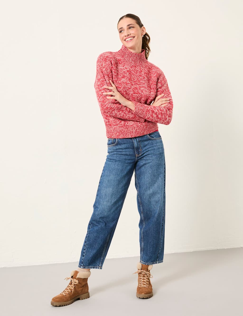 FatFace Patterned Roll Neck Neck Jumper Red Mix