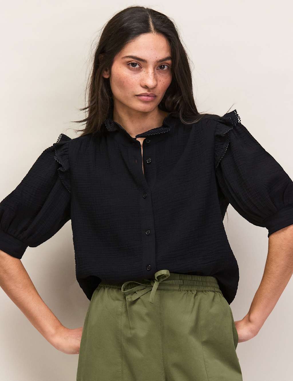 Ro&Zo Women's Pure Cotton Cheesecloth Short Sleeve Shirt - 6 - Black - Available at M&S