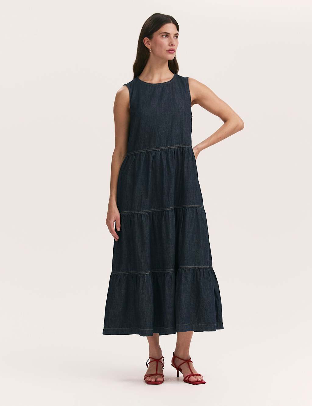 Finery London Pure Cotton Denim Midi Tiered Dress Blue