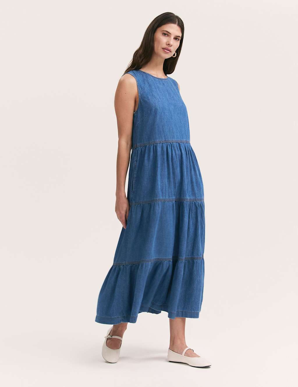 Finery London Pure Cotton Denim Midi Tiered Dress Mid Blue