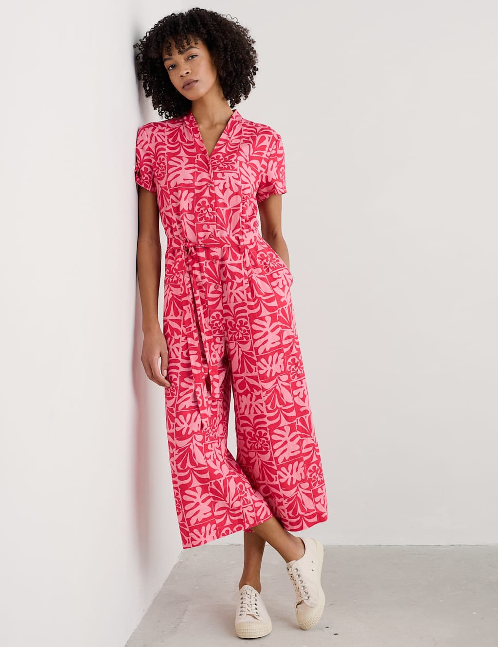 Pure Linen Floral Belted Short Sleeve Jumpsuit