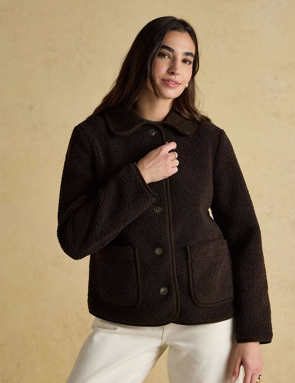 Joules Button Through Collared Fleece Jacket Brown