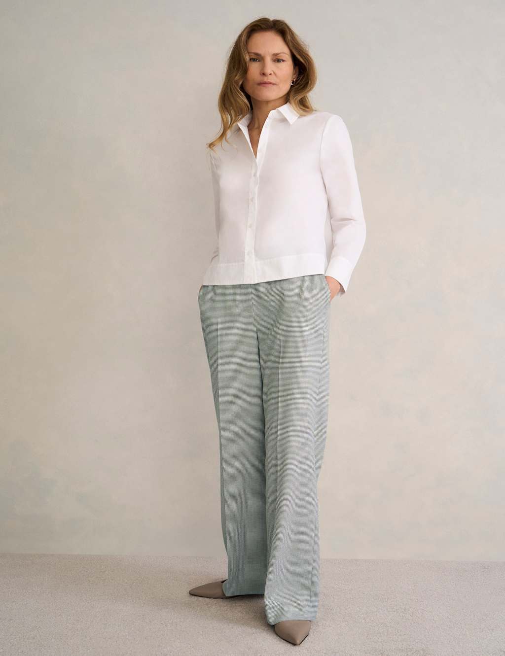 Hobbs Women's Puppytooth Mid Rise Wide Leg Trousers - 8 - Beige Mix - Available at M&S