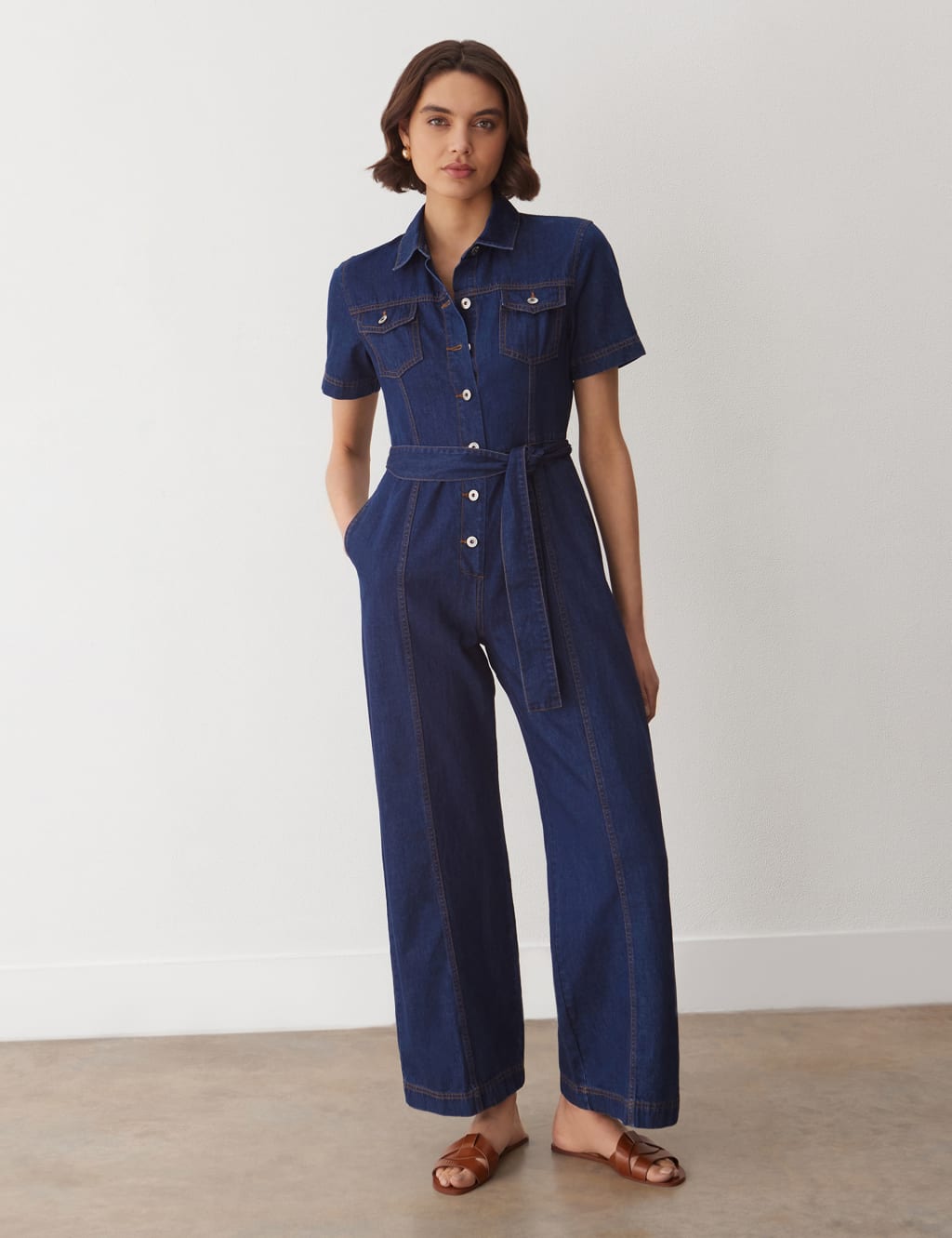 Denim Belted Short Sleeve Jumpsuit