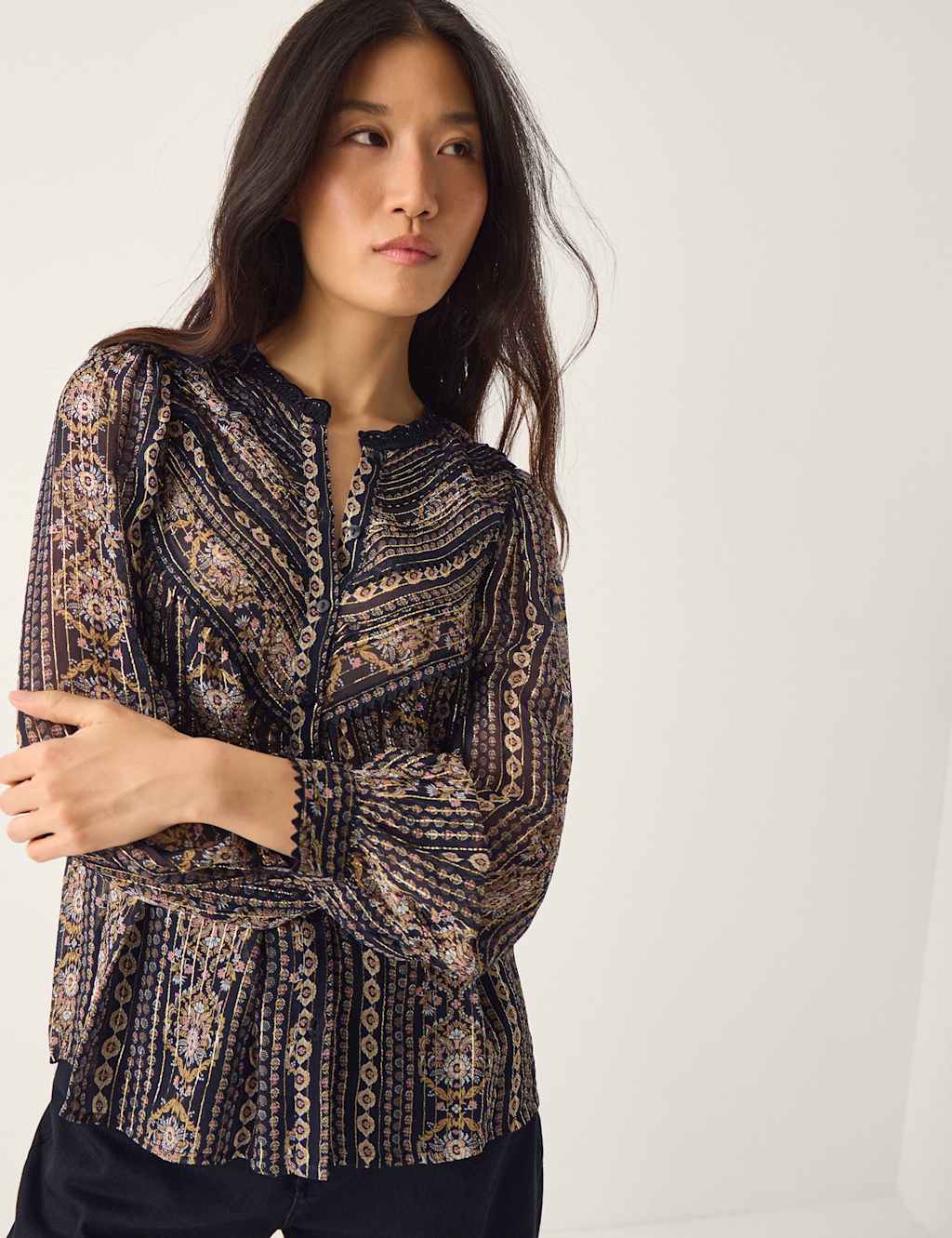 Monsoon Printed Metallic Blouse Black