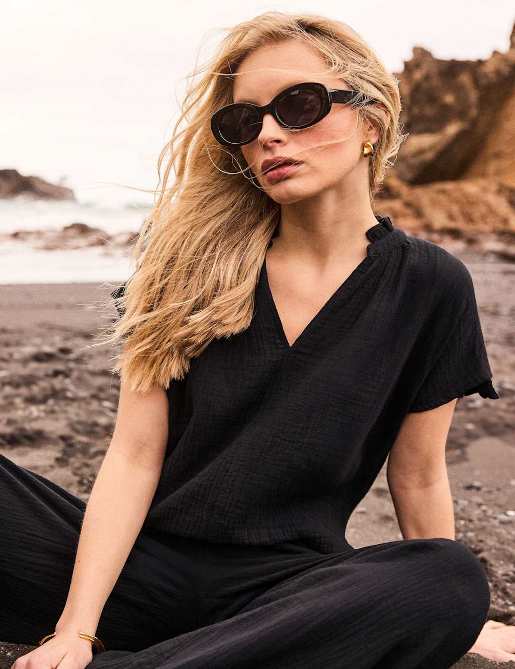 Ro&Zo Women's Pure Cotton V-Neck Frill Detail Relaxed Top - 8 - Black - Available at M&S