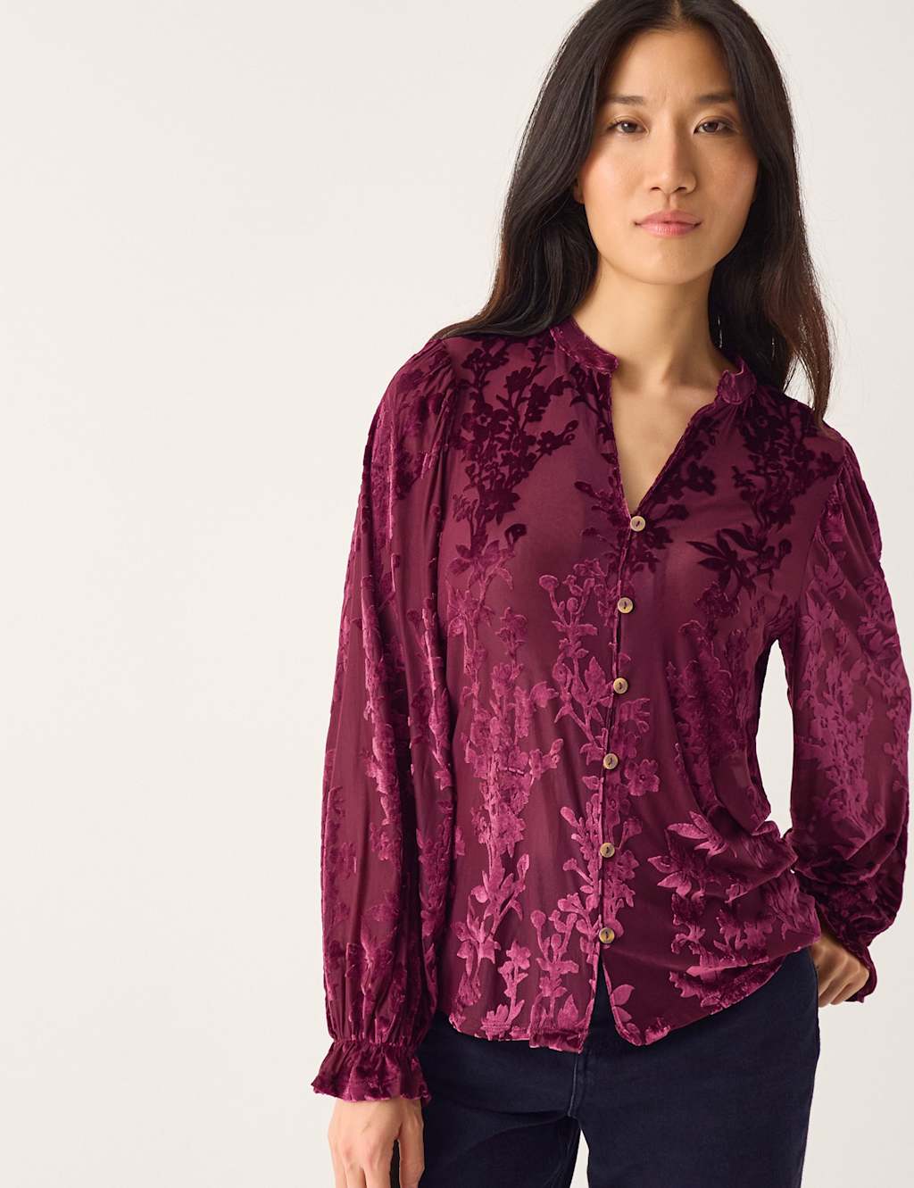 Monsoon Velvet Floral V-Neck Blouse Berry