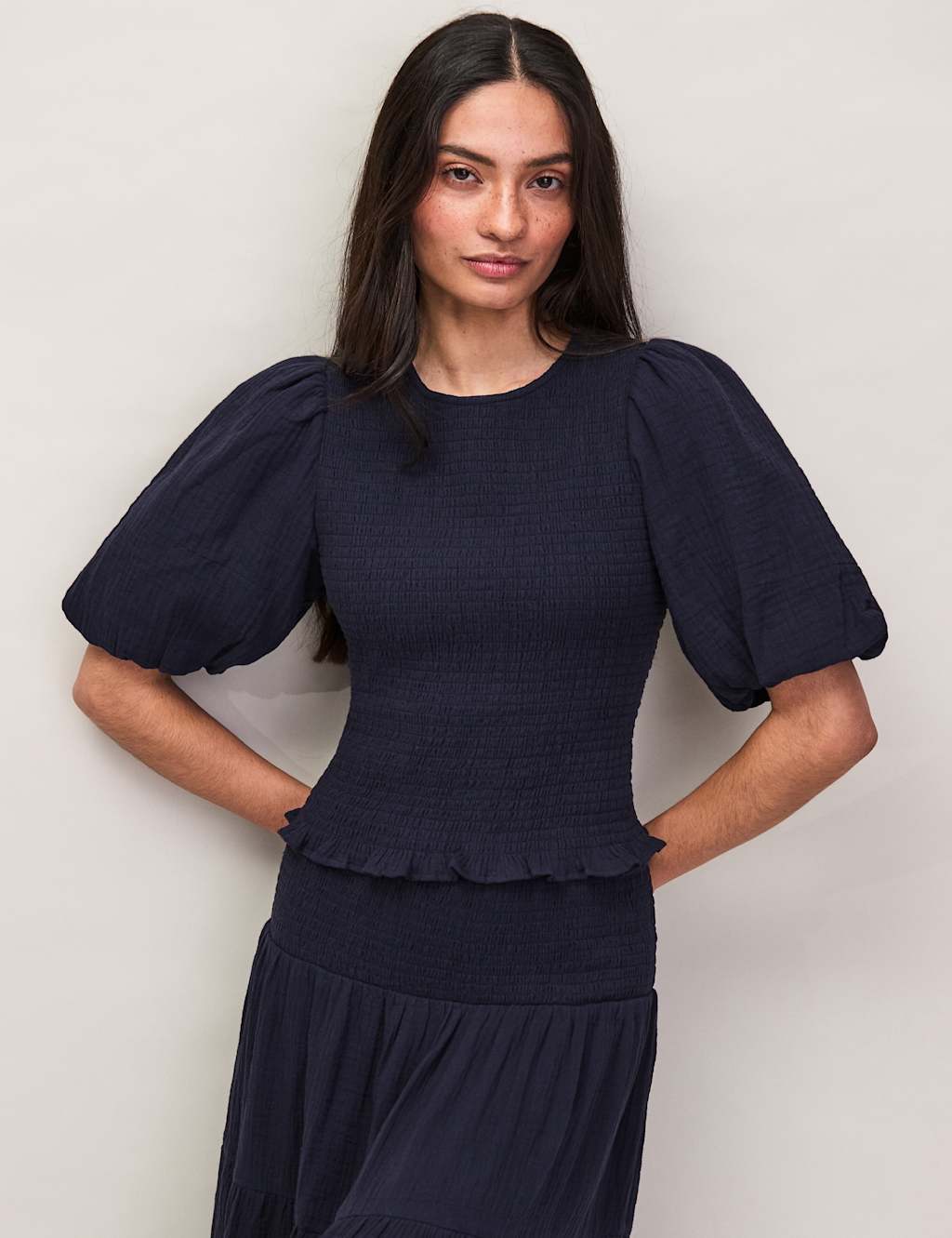 Ro&Zo Women's Pure Cotton Cheesecloth Shirred Top - 12 - Navy - Available at M&S