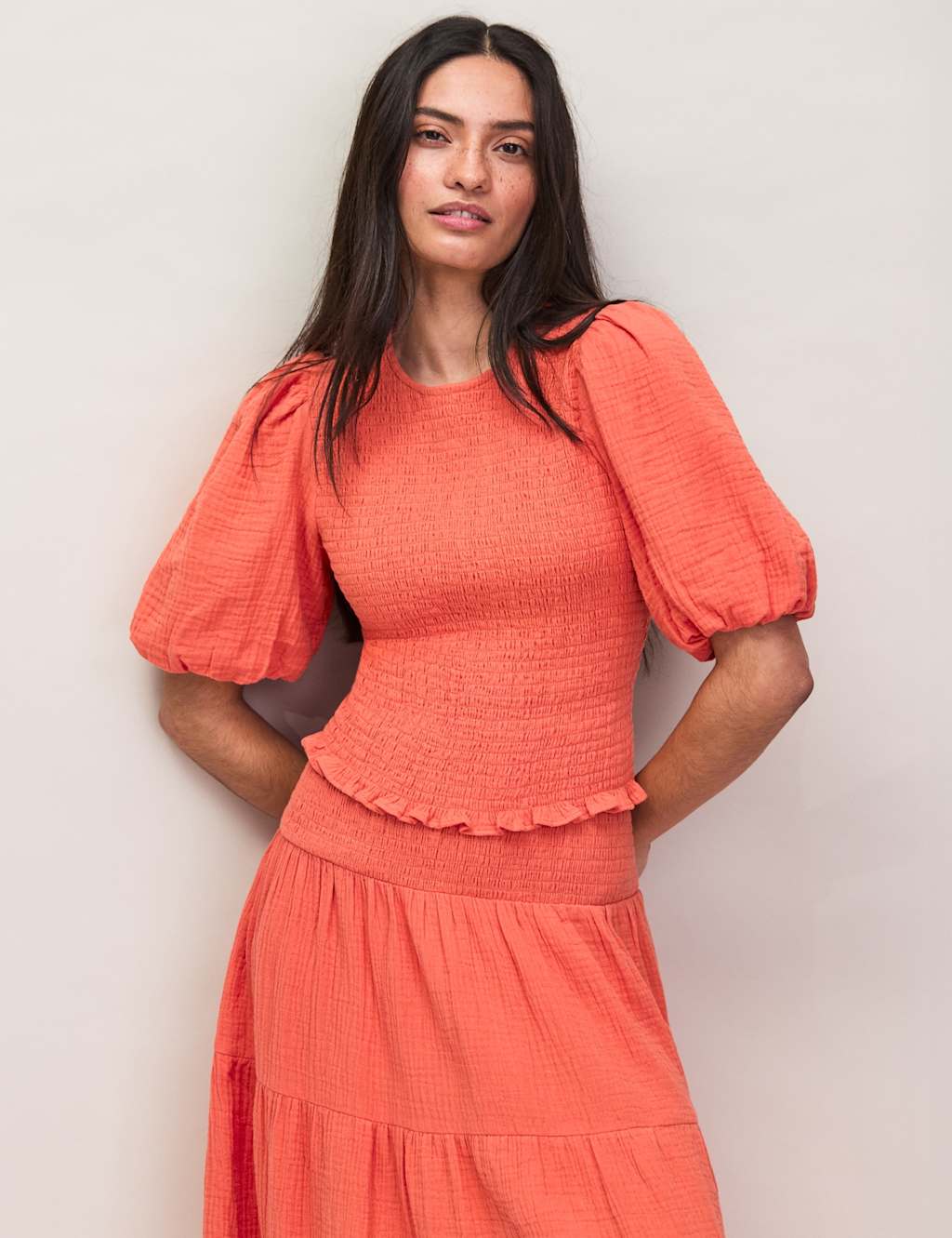 Ro&Zo Women's Pure Cotton Cheesecloth Shirred Top - 8 - Orange - Available at M&S