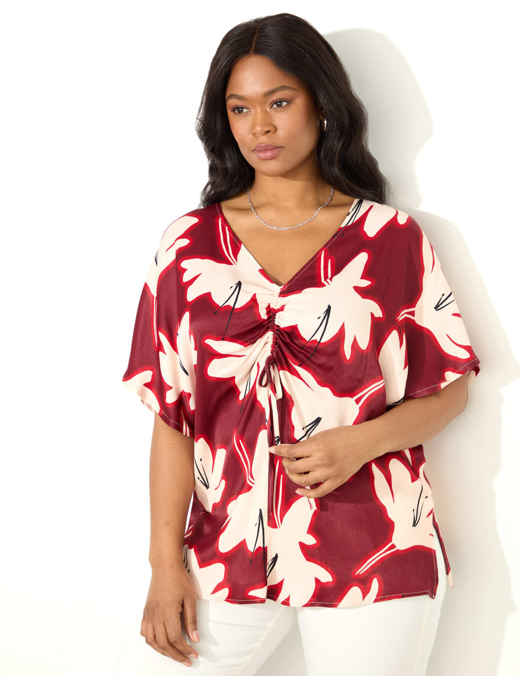 Floral V-Neck Ruched Front Blouse