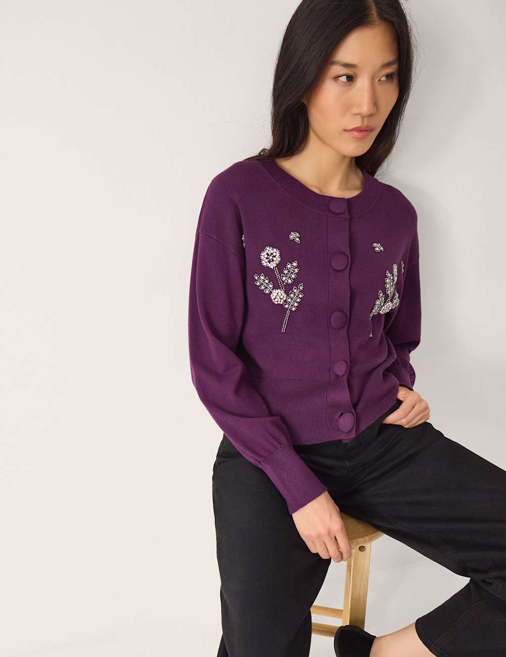 Monsoon Embellished Button Front Cardigan Purple