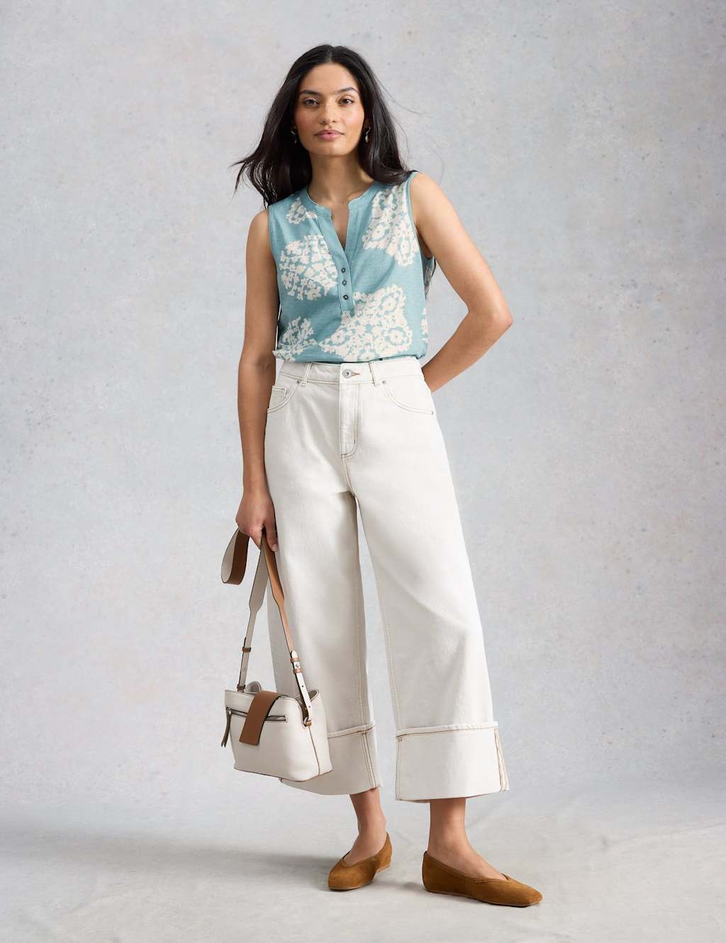 White Stuff Women's Pure Cotton Printed Notch Neck Vest Top - 18 - Teal - Available at M&S