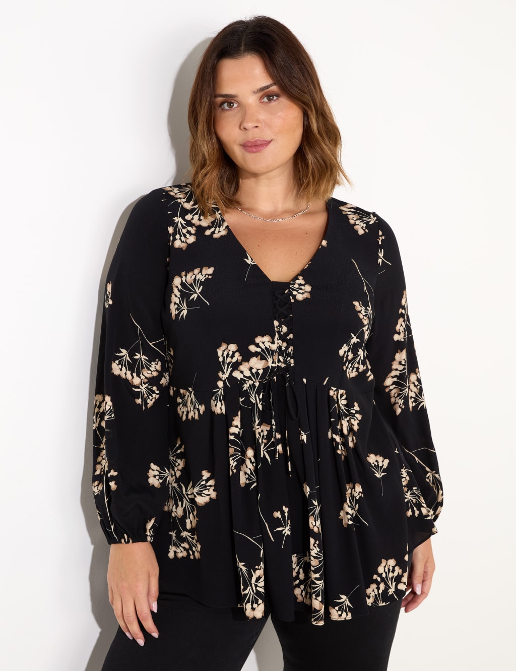 Floral Pleat Detail Tie Front Blouse