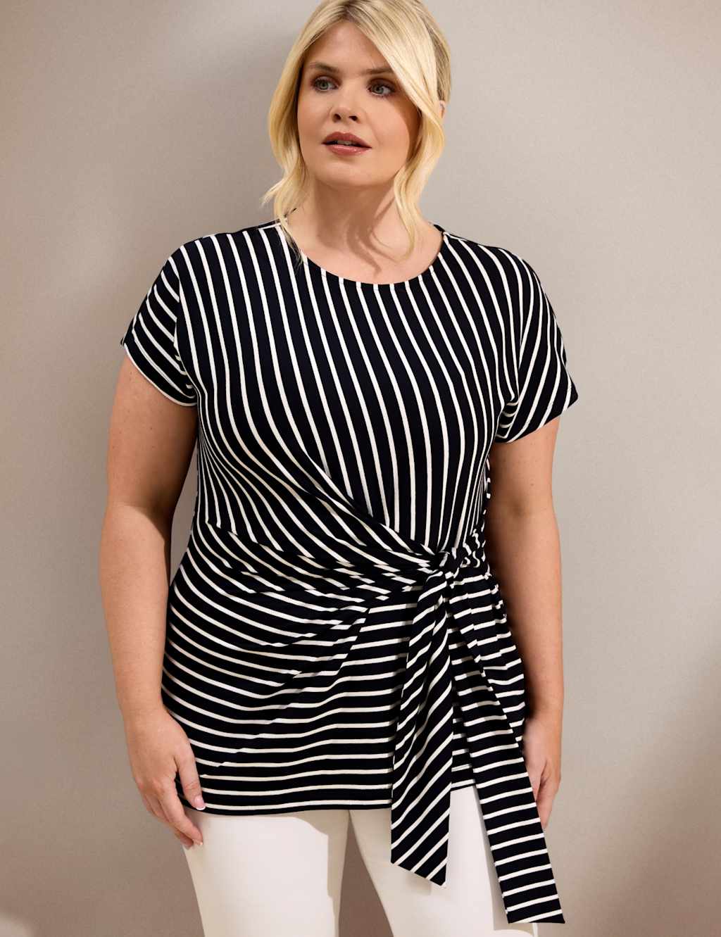 Live Unlimited London Women's Jersey Striped Tie Detail Top - 22 - Navy - Available at M&S