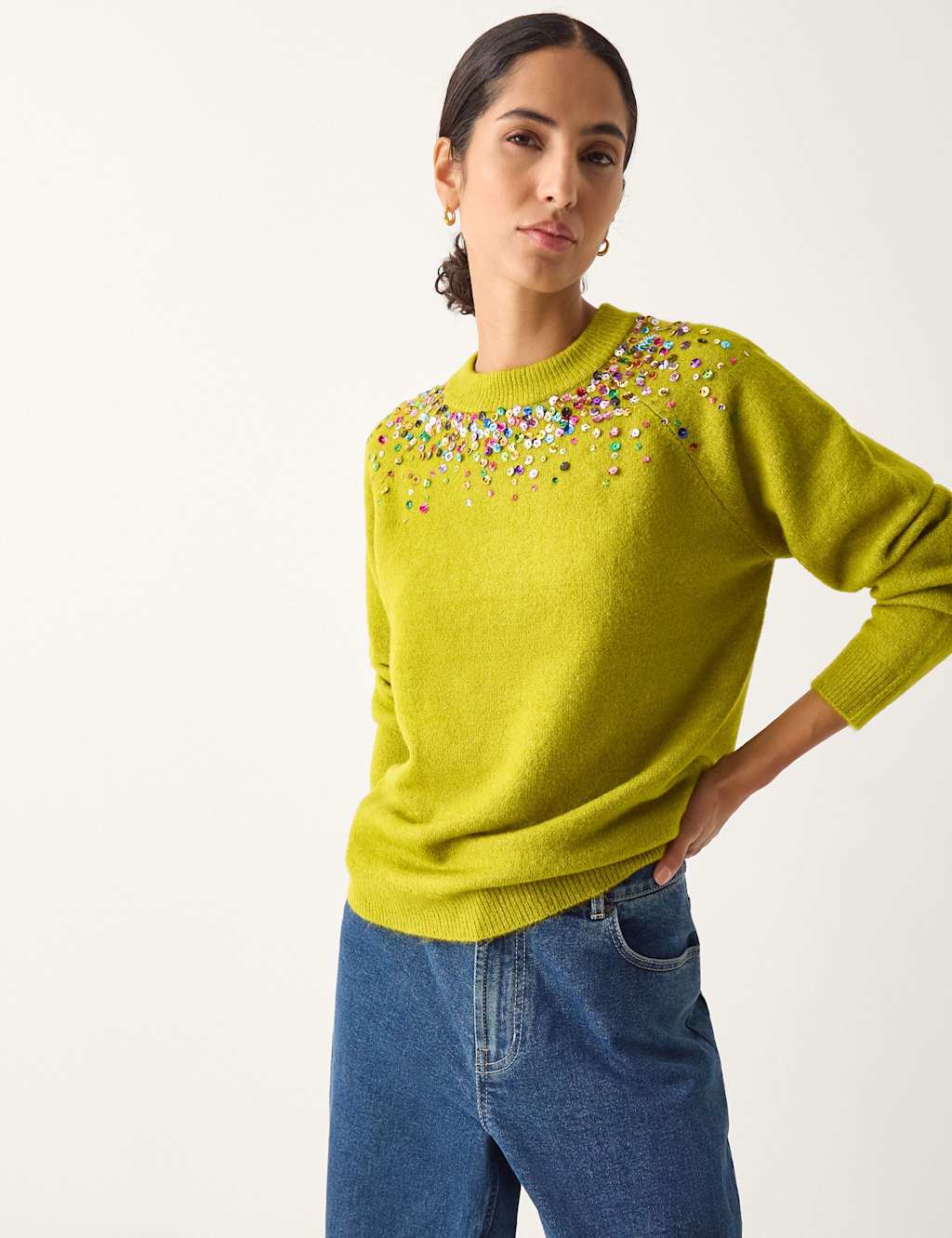 Monsoon Sequin Crew Neck Jumper Olive