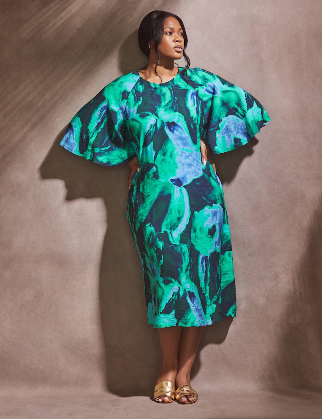 Printed Angel Sleeve Midi Swing Dress