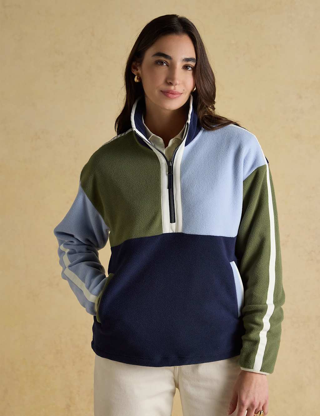 Joules Textured Funnel Neck Half Zip Sweatshirt Khaki Mix