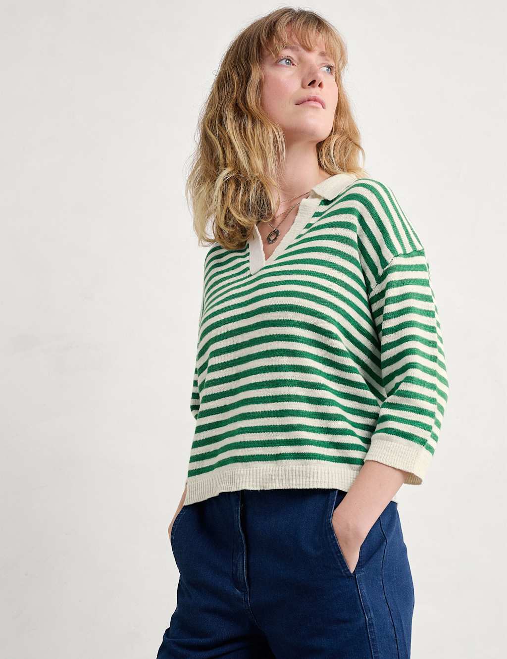 Seasalt Cornwall Striped Collared Relaxed Jumper with Linen Green Mix
