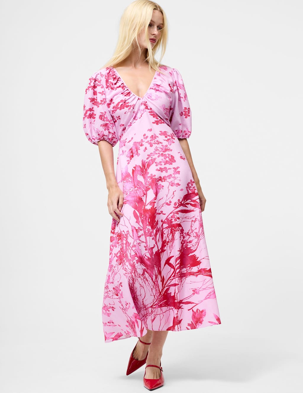 French Connection Floral V-Neck Midi Tea Dress Light Pink Mix